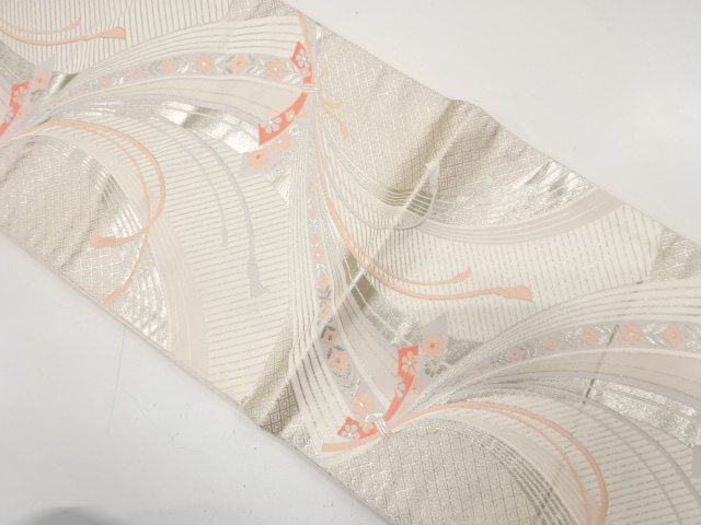 未使用品　束ね熨斗に花模様織り出し　袋帯(未仕立て)